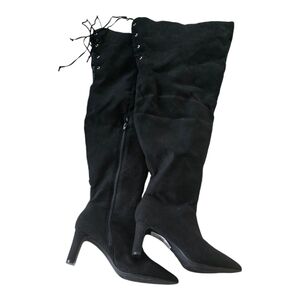 Nadia x FTF Mid Thigh Boots Women Sz 9W Black Ophelia Suede Back Laces New